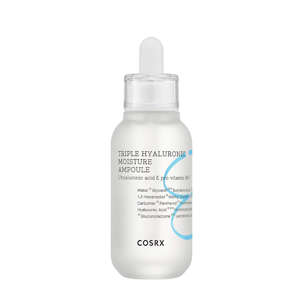 Fľaša COSRX Triple Hyaluronic Moisture Ampoule 40ml s modrou tekutinou na bielom pozadí.