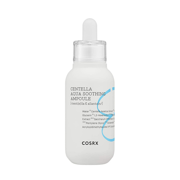 Fľaša COSRX Centella Aqua Soothing Ampoule 40ml s upokojujúcimi vlastnosťami na bielom pozadí.